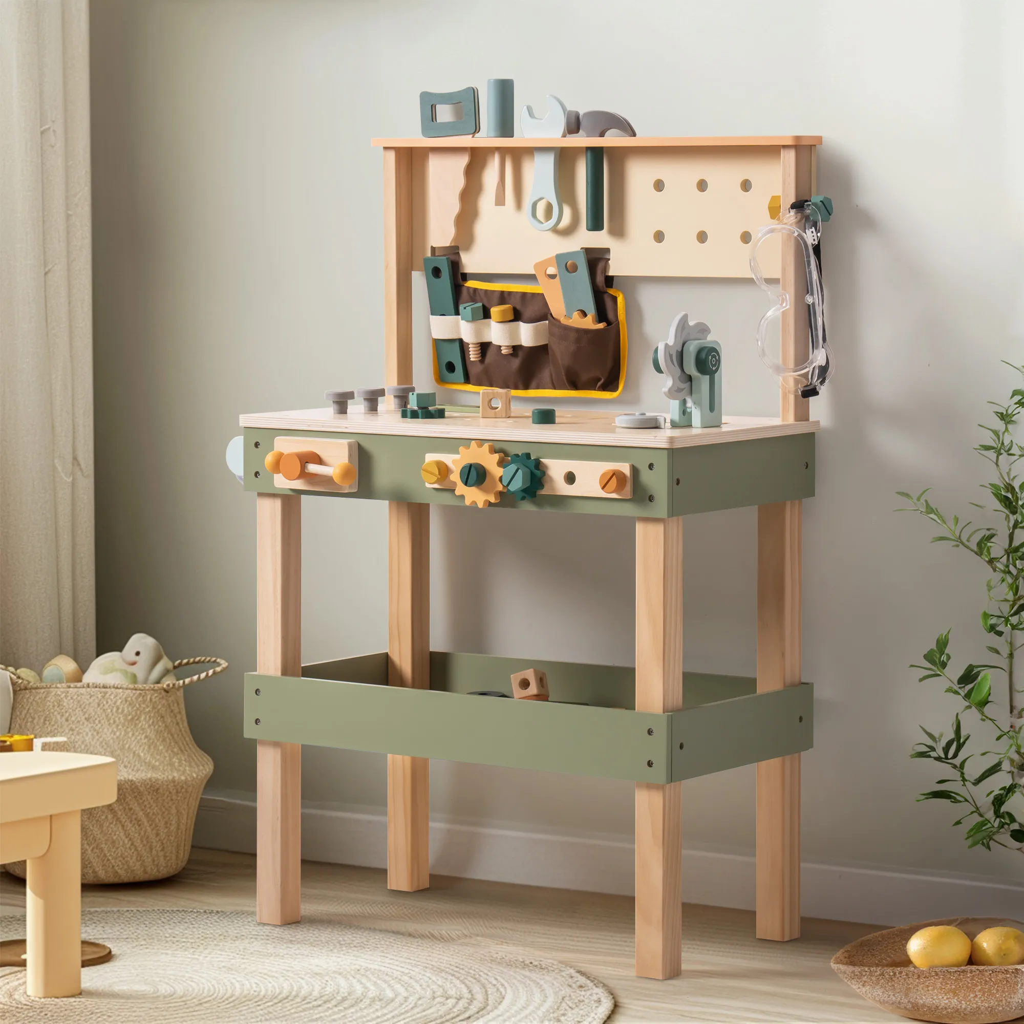 Sage and pine tool bench with pegboard, tools and tool belt