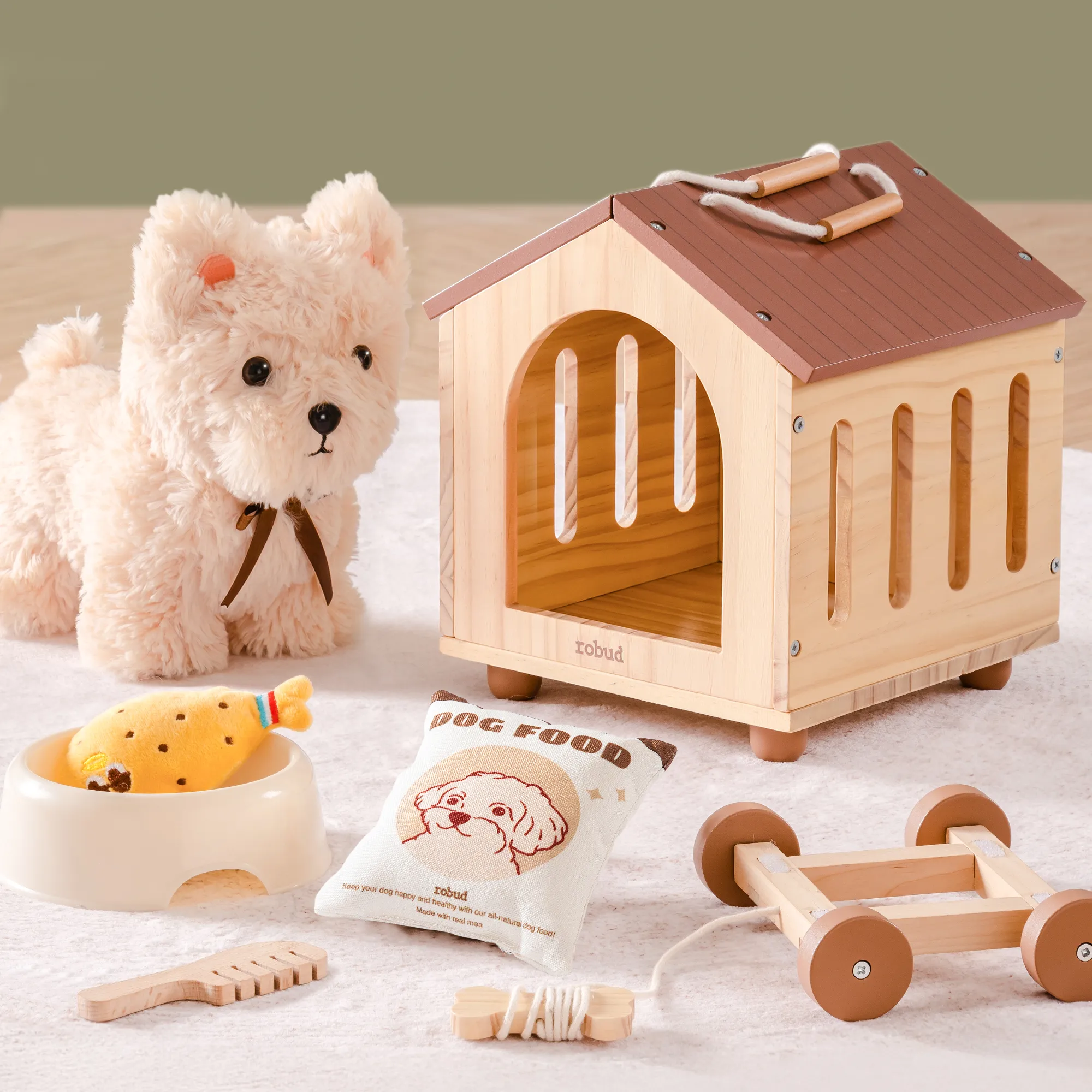 Plush puppy beside its wooden doghouse with feeding bowl and toys